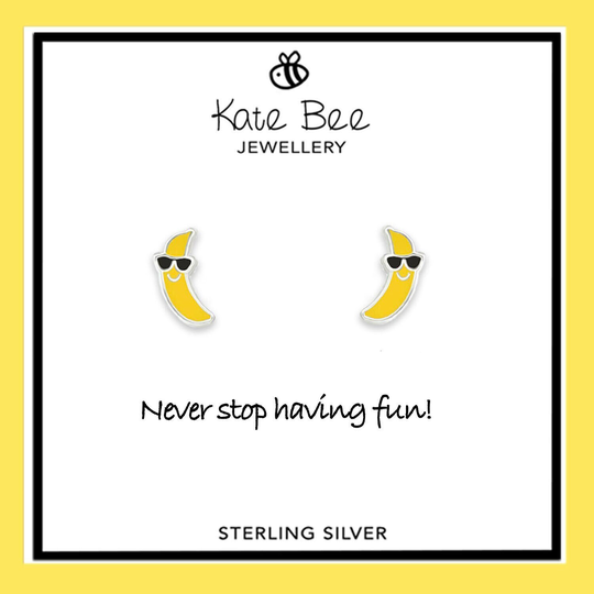 Banana Earrings, Bananas With Sunglasses, Silver Studs, Girls Childrens Cute Fun