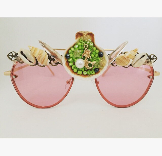 Womens Mermaid Shell Embellished Sunglasses Unique Accessories Pink Crown Festival Outfit Handmade Shades