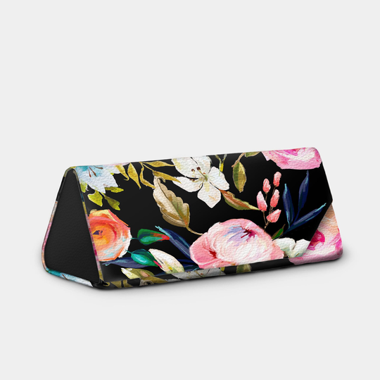 Black Floral Foldable Sunglass Case, Easy Fold Glasses Holder, Folding Leather Grain Magnetic Clasp, Flower Eyeglass Holder