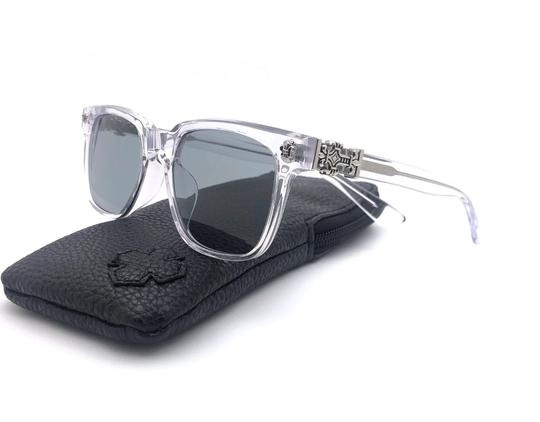 Custom Chrome Sunglasses - Wayfarer Style Cross & Fleur Motifs