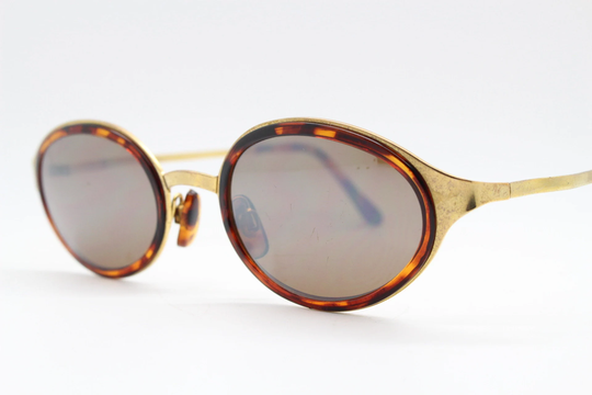 90's Vintage Oval Sunglasses. Gold Metal Frame Encasing Tortoise Insets With Brown Mirror Lenses. Y2K. 2000's. Unused Nos