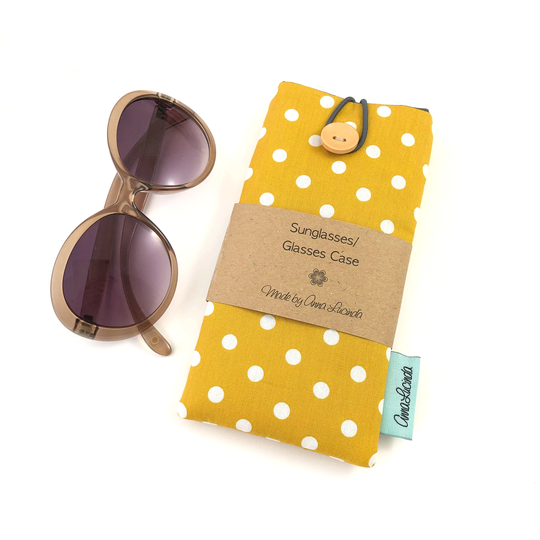 Soft Padded Glasses Pouch, Sunglasses Case, Fabric Eyeglasses Holder, Mustard Yellow Polka Dot Design