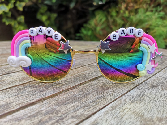 Rave Babe Colourful Round Disco Embellished Festival Sunglasses Raver Rainbow Accessories Funky