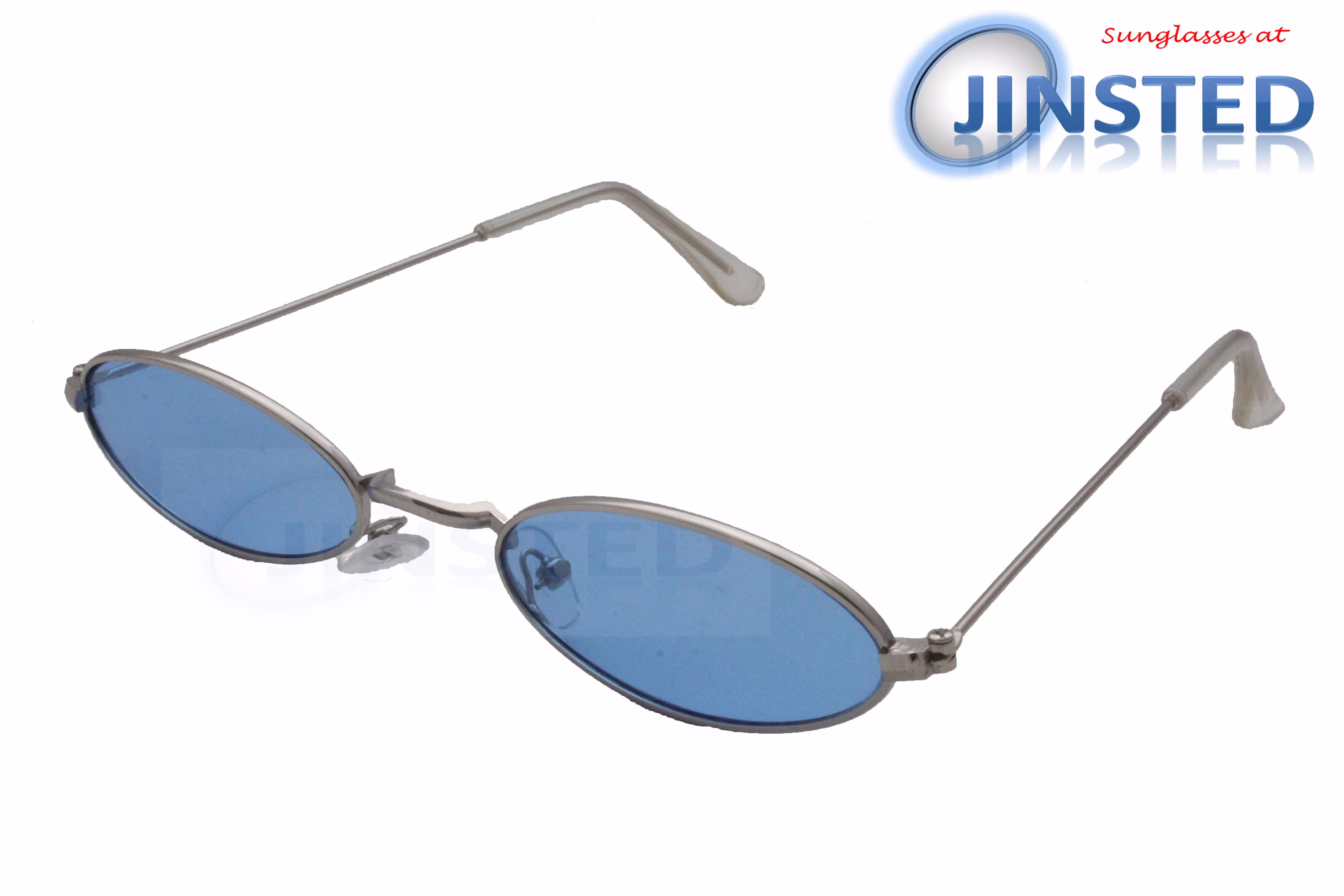 Adult Modern Oval Sunglasses Blue Tinted Lens Silver Frame Uv400 Protection Aov004