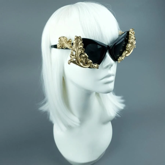 Black & Gold Filigree Sunglasses, Baroque Rococo Statement, Goth Gothic Alt Fashion Bride Ott Halloween Wedding Gift Present Eyewear Party
