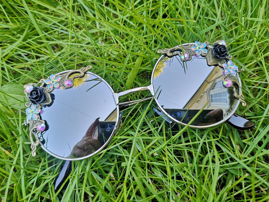 Women's Silver A Mirrored Embellished Round Decorative Sunglasses Rave Festival