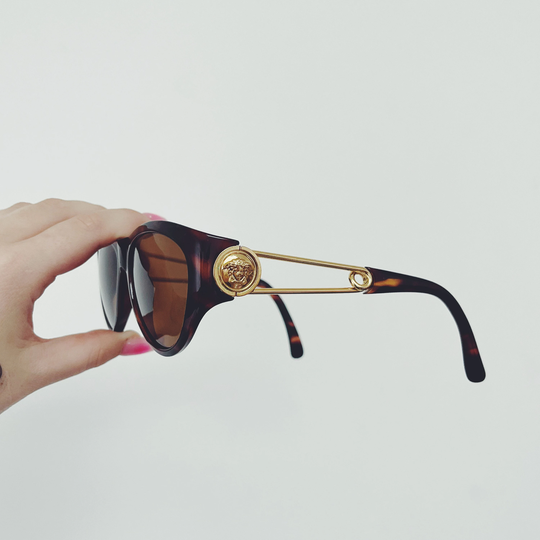 Vintage Versace Brown Tortoise Shell Cat Eye Sunglasses With Gold Medusa Head Logo Safety Pin Detail 80S 90S