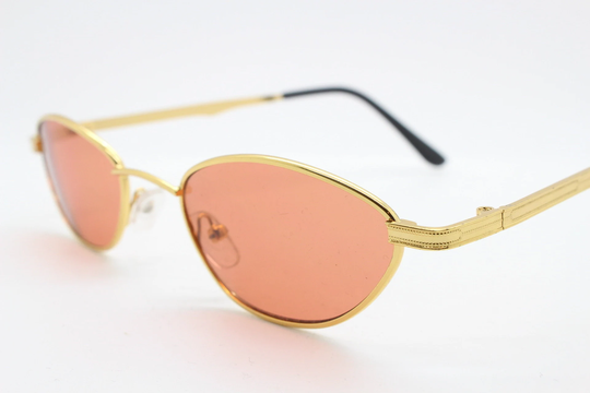 90S Vintage Low Profile Angular Sunglasses. Minimal Small Rose Gold Metal Frame With Coral Pink Lenses, Unused. Bnwt