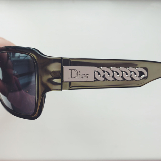 Vintage Dior Dark Green & Silver Rectangular Tinted Sunglasses With Chain Detail On Arms