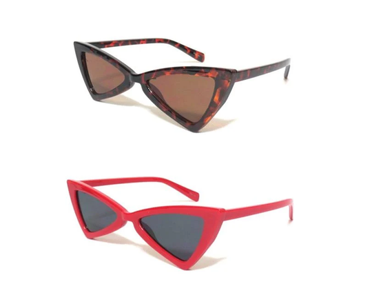 Vintage Retro Triangle Cat Eye Sunglasses With Plastic Red & Tortoise Frame Flat Brown Dark Lenses For Men Women