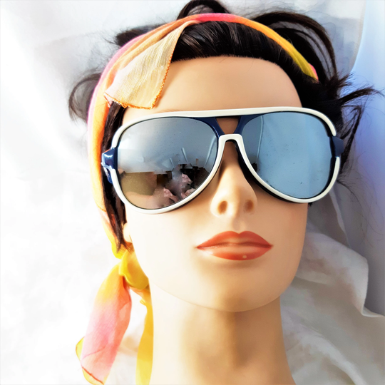 Vintage Blue & White Plastic Frame Mirrored Sunglasses Marked Japan Pp. They Measure About 5 1/2 Inches Arm To Arm. Made in 1970S. | Box