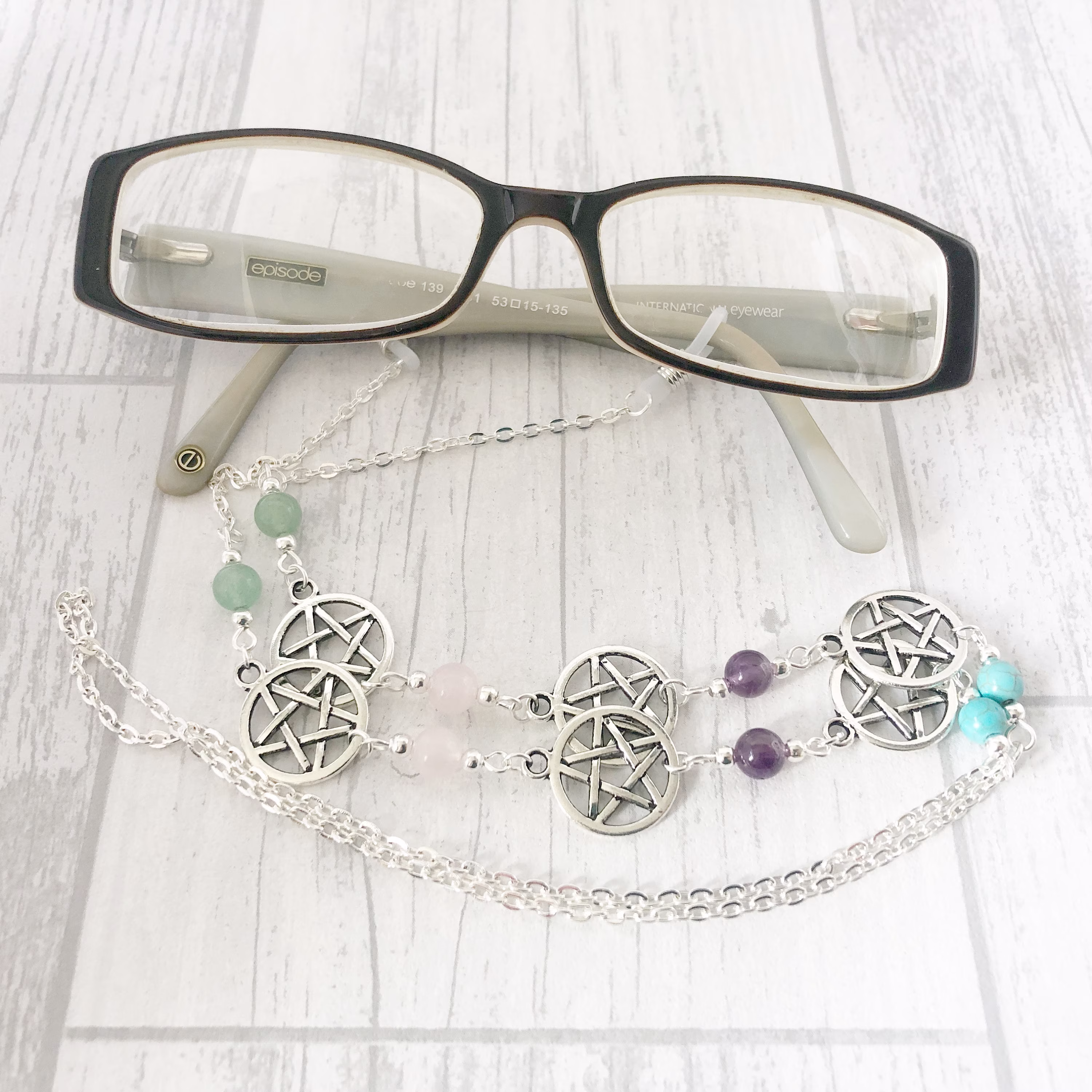 Pentagram Glasses Chain, Pagan Lanyard, Wiccan Penticle, Gemstone Eyeglasses Chain