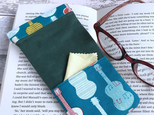 Glasses Case, Forest Green Faux Suede With Guitar Pattern Pocket For Lens Cloth, Gift Musician