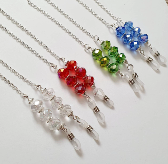 Glasses Chain, in A Choice Of Colours Faceted Glass Beads On Silver Plated Clear, Red, Green Or Blue