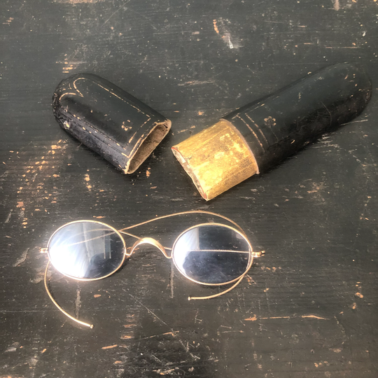 A Pair Of Cased Gold Reading Spectacles, Antique, Vintage Glasses, Eyewear, Papier-Mâché Case