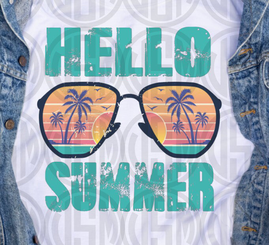 Hello Summer Sunglasses - Distressed Transfer T-Shirt Iron On Sublimation Beach Vacation Shirt