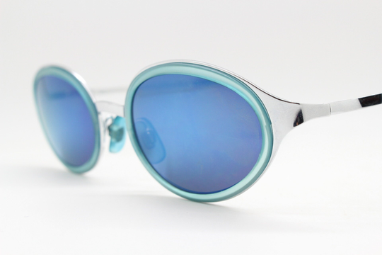 90's Vintage Oval Sunglasses With Silver Metal Frame Encasing Aquamarine Insets & Blue Mirror Lenses. Nos