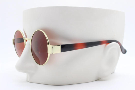 90S Round Vintage Sunglasses. Gold 1920's Style Frame With Tiger Pattern Arms & Brown Lenses. Unused. Bnwt