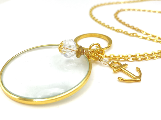 Magnifying Glass Necklace - Gold Lanyard Pendant Reading Glasses Grandma