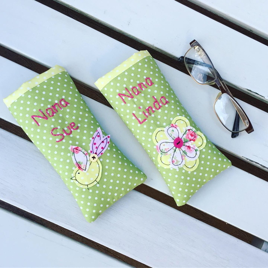 Personalised Fully Lined Padded Cotton Fabric Glasses Case Birthday Christmas Gift With Pretty Flower Or Bird Appliqué Design - Add Any Name