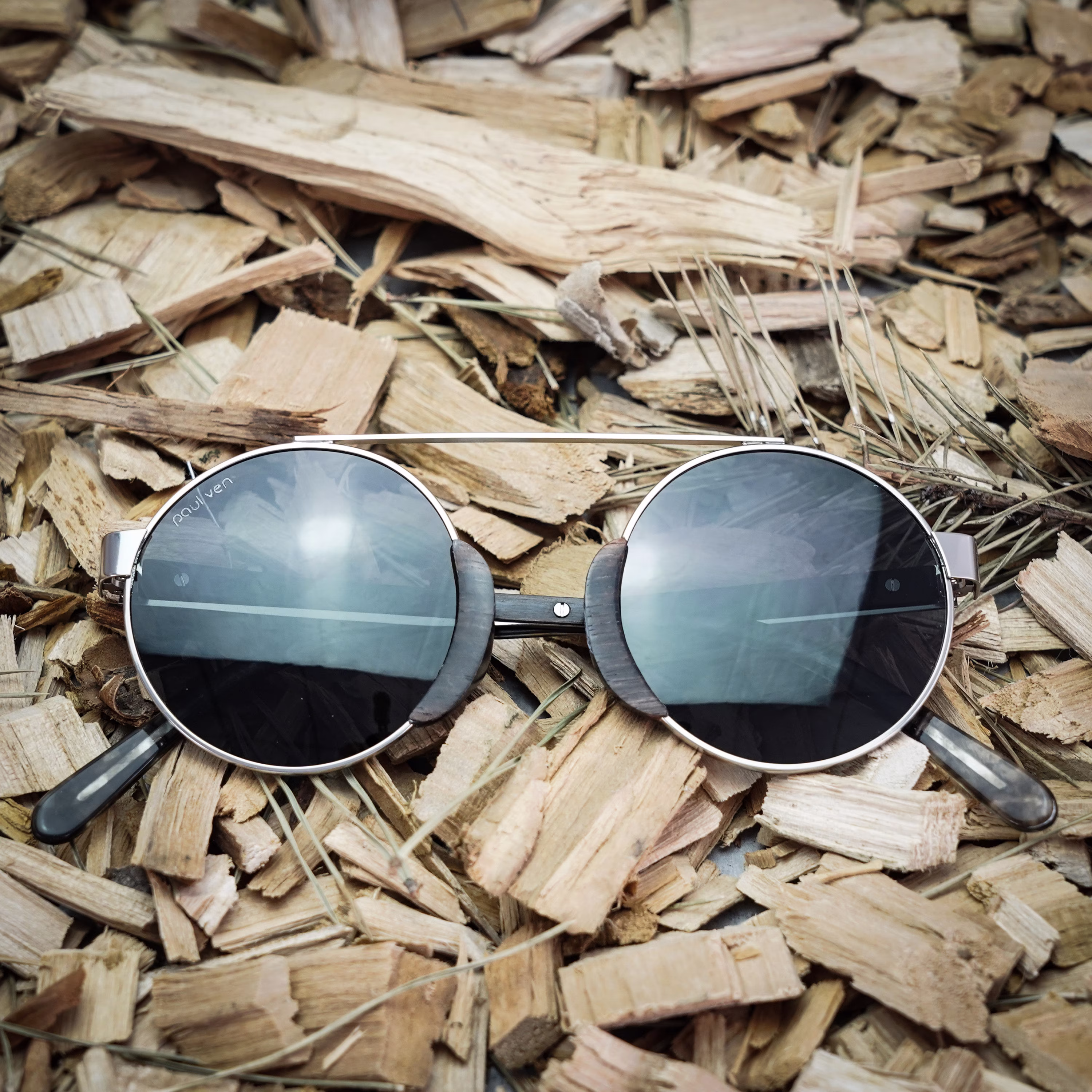 Round Wood & Steel Sunglasses, Small Round Black Lenses, Ebony Wood, Polarised Sunglasses