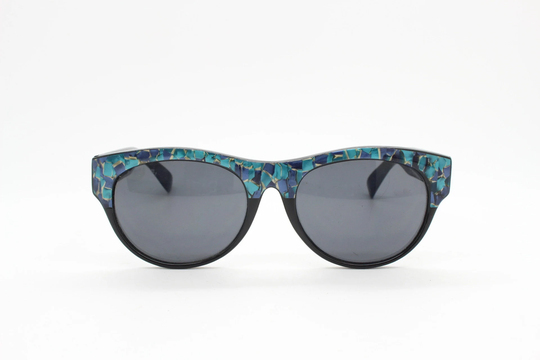 80S Vintage Cat Eye Wayfarer Sunglasses. Womens Black Cateye With Lustrous Marble Mosaic Brow Feature. Unused Nos