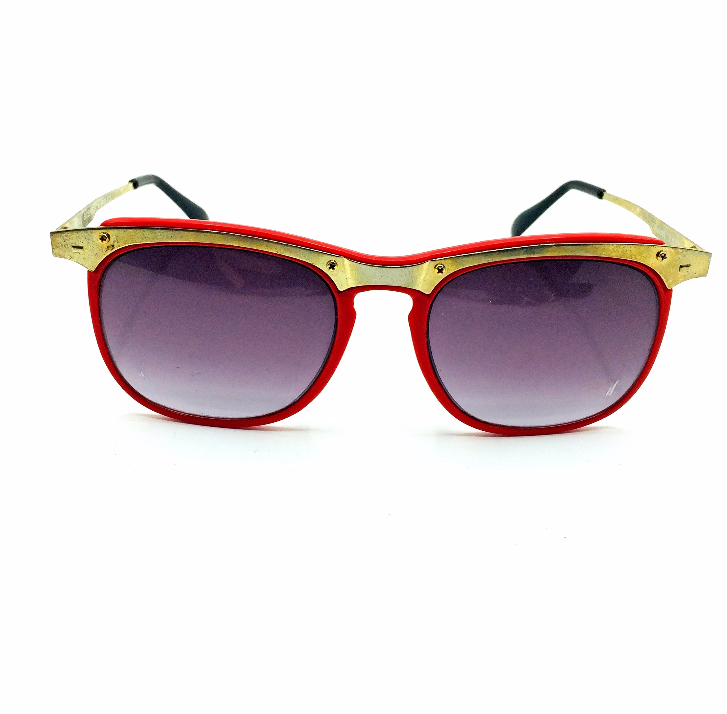 Original Vintage Sunglasses. 1980S Visual Scene Red & Black Acrylic Frames + Gold Metal Detail. Retro Wayfarer Style Men's Eyewear Glasses