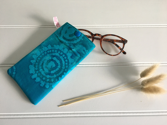 Turquoise Blue Batik Effect Soft Glasses Or Sunglasses Case, Boho Style Glasses Case With Snap Fastener, Slimline Padded Soft