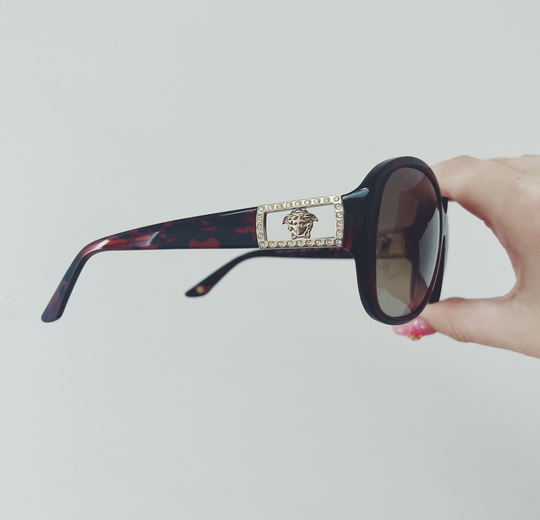 Vintage Versace Brown Tortoise Shell Oversized Sunglasses With Gold Rhinestone Medusa Head Logo Detail 80S 90S