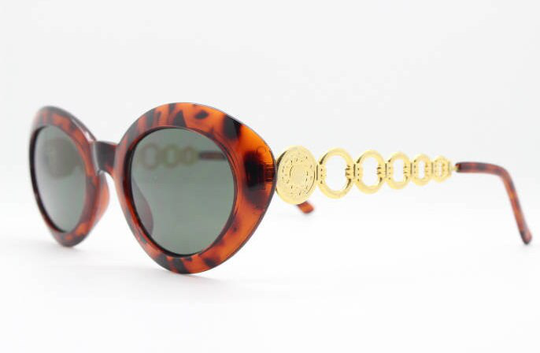 90S Vintage Cateye Sunglasses. Womens Oval Tortoise Cat Eye With Awe Striking Metal Chain Arms & Green Lenses. Unused Nos