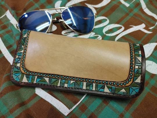 Beautifully Handcrafted Leather Eyeglass Case in Turquoise, Green & Brown